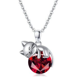 Women's Red Silver Birthstone Beautiful Chain High Quality Pendant Cat Necklace